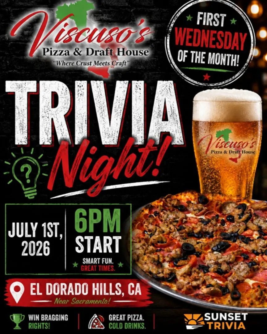 Trivia night poster featuring pizza and beer